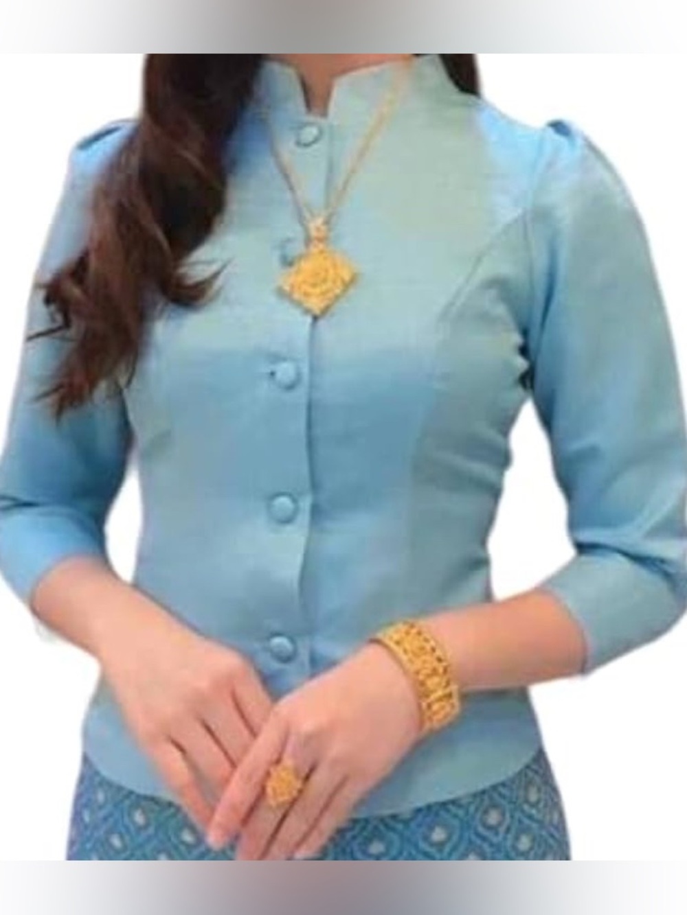 XL/US 12 Light blue Traditional Laos Silk Blouse NWOT